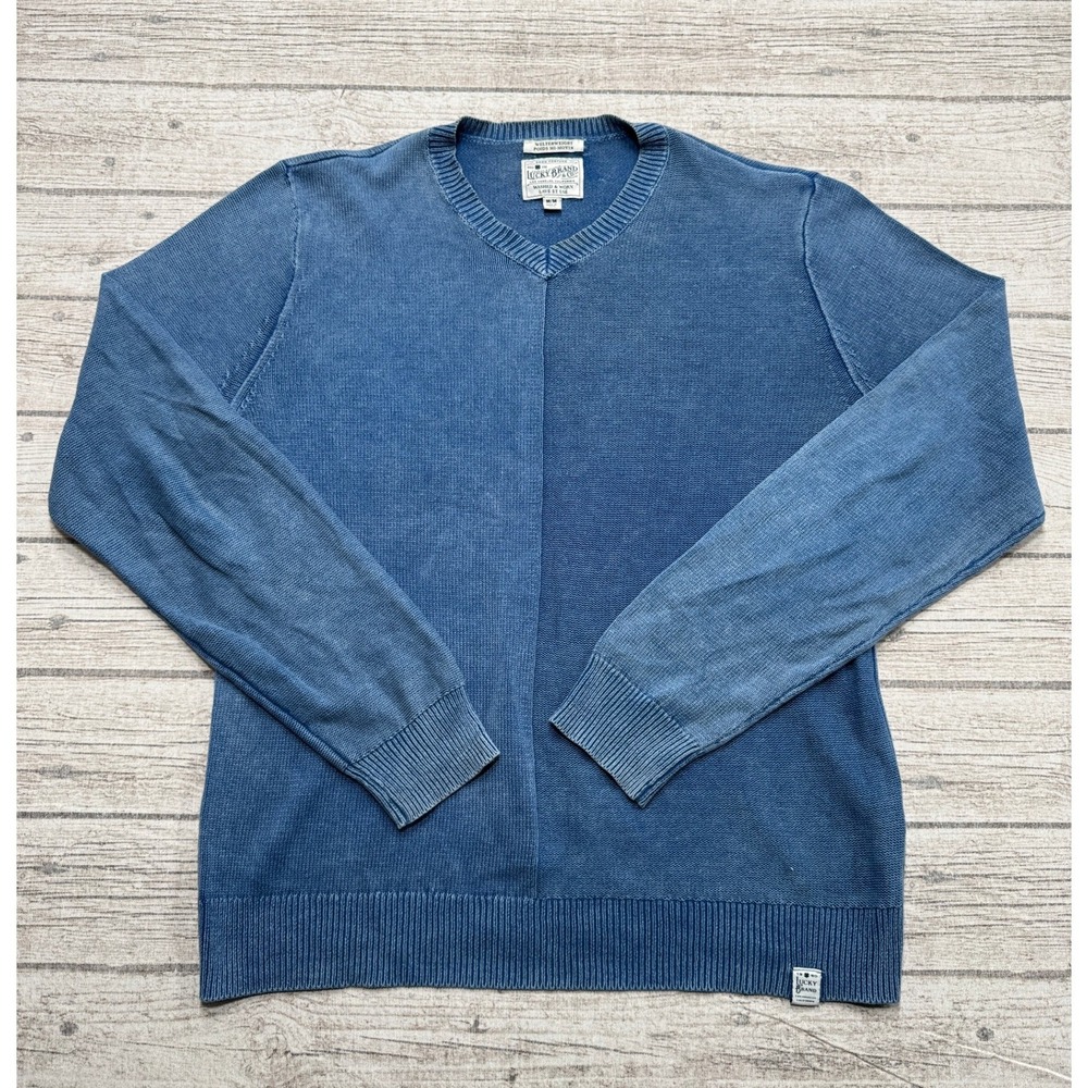 Lucky Brand Sweater Men's Medium Blue Welterweight Washed Knit V-Neck Pullover